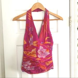 CACHE Y2K Vintage Chiffon Silk Floral Hot Pink Ruched Halter Top Size 6 Small